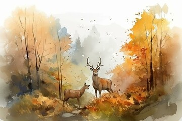 Digital watercolor painting European forest in autumn with trees and wildflowers with deer in a landscape - 3. Generative AI