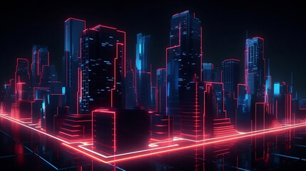 Abstract neon city at night with red blue glowing lights, background. Geometric shapes and lines. Generative AI.