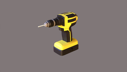 3d model of a yellow drill on a gray background