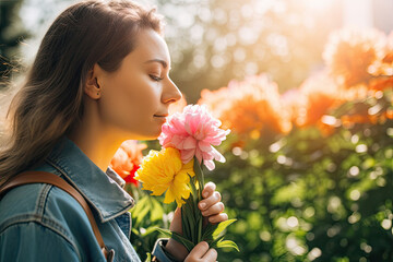 Naklejka premium A woman smelling flowers