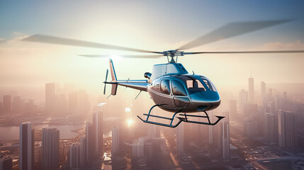 Helicopter flying over city with sky in background. City landscape of modern metropolis. Generative AI.