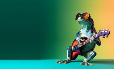 portrait of frog playing guitar and wearing glasses, green and orange gradient background. with copy space, happy and cheerful concept, ideal for banners or greeting cards etc. generative ai