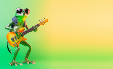 Obraz premium portrait of frog playing guitar and wearing glasses, green and yellow gradient background. with copy space, happy and cheerful concept, ideal for banners or greeting cards etc. generative ai