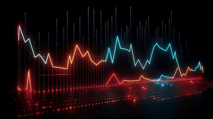 Naklejka na ściany i meble Abstract neon finance sales data and economic growth graph chart at night with red blue yellow glowing lights, background with geometric shapes and lines. Generative AI.