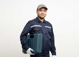 Technician workers in uniform maintenance service with equipment tools box. Profession of service industry house repair. Home services isolated background.