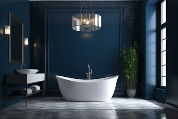 Fototapeta na wymiar Modern bathroom interior design,bathroom with blank dark blue wall. Generative AI