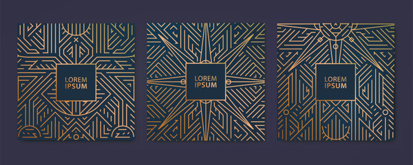 Vector set of luxury cover templates, square line art deco patterns. Design elements for package, banners, flyers, presentations and cards, wine labels