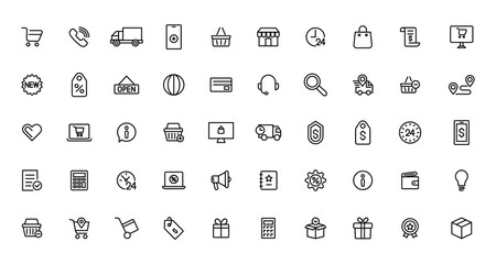 Shopping and retail line icons set. E-Commerce and retail outline icons collection. Shopping, gifts, store, shop, delivery, marketing, store, money, price