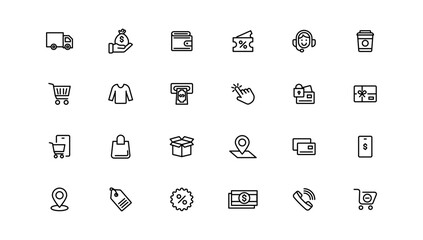 Shopping and retail line icons set. E-Commerce and retail outline icons collection. Shopping, gifts, store, shop, delivery, marketing, store, money, price