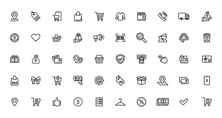 Shopping and retail line icons set. E-Commerce and retail outline icons collection. Shopping, gifts, store, shop, delivery, marketing, store, money, price