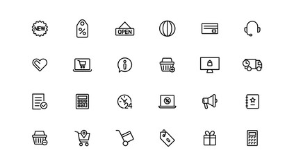 Fototapeta premium Shopping and retail line icons set. E-Commerce and retail outline icons collection. Shopping, gifts, store, shop, delivery, marketing, store, money, price