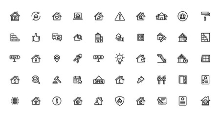 Real Estate minimal thin line web icon set. Included the icons as realty, property, mortgage, home loan and more. Outline icons collection