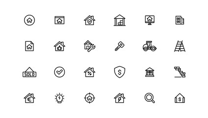 Real Estate minimal thin line web icon set. Included the icons as realty, property, mortgage, home loan and more. Outline icons collection