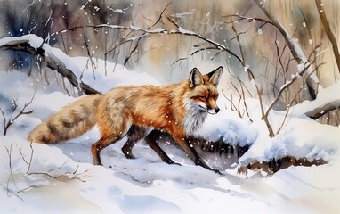 Fototapeta premium Red fox running in the snow. Generative AI technology.