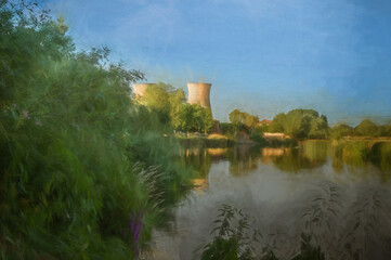 Fototapeta na wymiar Digital painting of Willington power station cooling towers from the bank of the River Trent at Willington, Derbyshire.