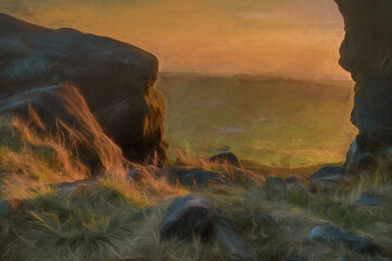 Digital painting of sunset at The Roaches