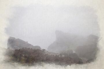 Panoramic digital watercolour painting of The Roaches at sunrise in the Peak District National Park.