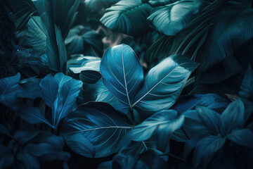 Collection of tropical leaves, foliage plant in blue color with space background. Generative AI