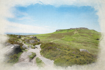 Higger Tor digital watercolour painting as viewed from Carl Wark in the Peak District National Park, Derbyshire.