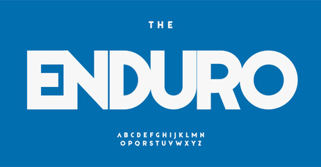 Enduro alphabet, simple bold sans serif letters, versatile sport font for professional athletic, gym, adventure, sporty logo, emphasis powerful headline, contemporary typography, robust typographic