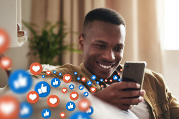 Happy, social media icons or black man with phone for content or online dating post relaxing on...