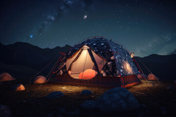 Majestic view of star field over illuminated tent. Generative AI