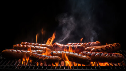 Barbecue juicy sausage on grill fire with smoke on black background. Copy space. Based on Generative AI