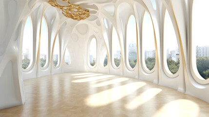 Organic Architectural Wonderland: Embrace the Abstract - Empty, Bright Room Featuring Fluid Shapes & Vibrant Color Accents for Modern Design Lovers. Generative AI