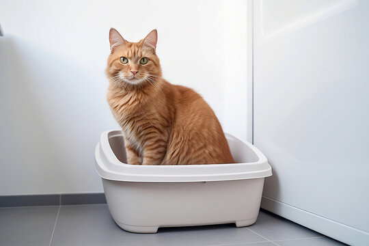 Domestic cat sitting in litter box. Generative AI illustration
