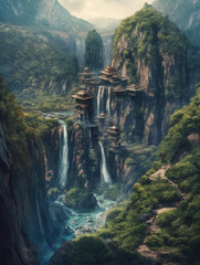 Fototapeta premium Painting of a waterfall in the middle of a mountain. Generative AI