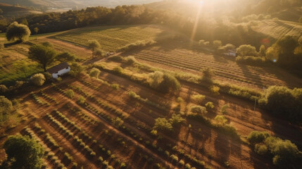 Fototapeta premium Aerial view of an agricultural field at sunset. Generative AI