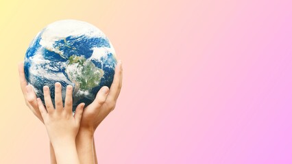 Earth globe in family hands. World environment day stock photo