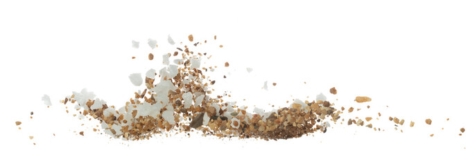 Salt mix sand flying explosion, great big white salts flower explode abstract cloud fly. Sand salt rock splash in air, seasoning element design. White background isolated high speed freeze motion