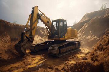 A universal excavator is working on a construction site against a cloudy sky. Generative AI