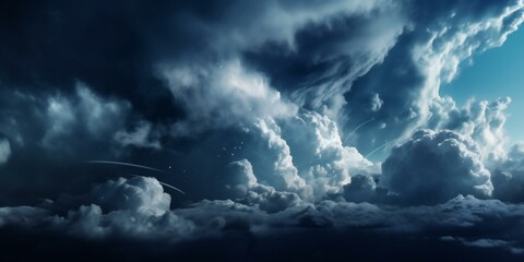 Lack dark blue night sky. White cumulus clouds. Moonlight, starlight. Digital composition, Background. Astrology, astronomy, science fiction, fantasy, dream. Storm front. Generative AI