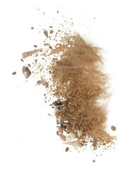 Seashell sand fall splashing in air. sea shell explosion flying, sand abstract cloud fly. Many Seashell scatter in many group. White background isolated high speed shutter freeze motion