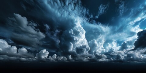 Fototapeta premium Lack dark blue night sky. White cumulus clouds. Moonlight, starlight. Digital composition, Background. Astrology, astronomy, science fiction, fantasy, dream. Storm front. Generative AI