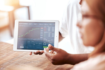 Business people, hands and tablet for stock market, trading or financial graph, chart or data in profit. Hand of trader, broker or finance advisor showing increase of investments on technology