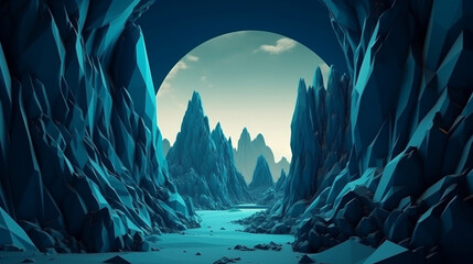 Abstract virtual landscape with blue rocks and mountains. Fantastic background with triangular portal. Generative AI.