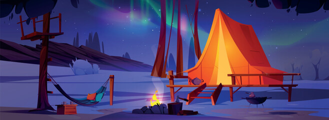 Northern lights camping and night illustration. North polar camp with bonfire and aurora sky in park. Nordic borealis scene landscape vector background. Scandinavian campfire recreation in snow