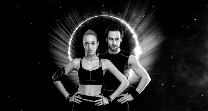 Download photo for advertising a fitness club in social networks. Fitness Influencers. Fitness couple at home. Cover for sport motivation music. Fit man and woman at the gym on black background.