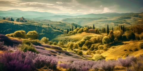 Toskana Italien Etruria Landschaft Umgebung Illustration Wandbild Grafik Digital Art Digitale Kunst Generative AI Hintergrund Magazin Cover