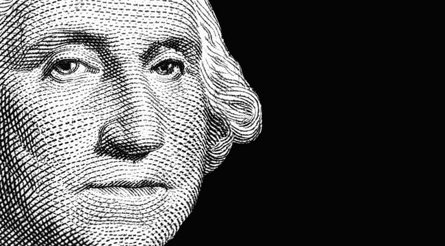 Macro image of George Washington on one US Dollar bancnote as symbol of economy, finances and business of America. Copy space.