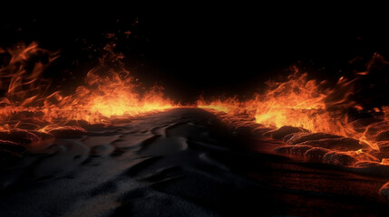 Blazing flames and road on fire over black background. Generative AI.