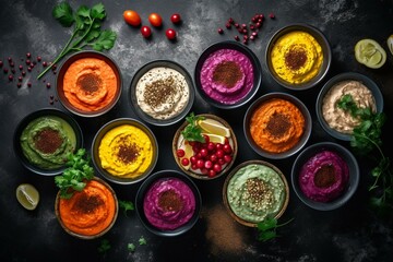 Obraz na płótnie Canvas Colorful hummus bowls. Flat-lay of various vegetarian dips hummus. On a concrete black background. Generative AI