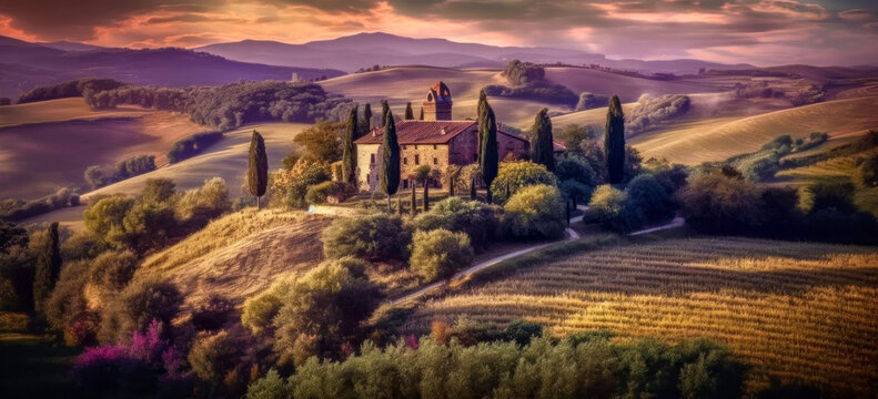 Toskana Italien Etruria Landschaft Umgebung Illustration Wandbild Grafik Digital Art Digitale Kunst Generative AI Hintergrund Magazin Cover