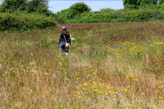 Jeune femme marchant dans un champ de fleurs sauvages