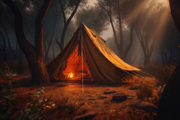 Mystical night landscape, in the foreground hike, campfire and tent. Generative AI
