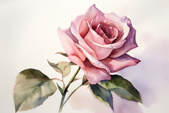 Paint a watercolor picture of a single rose with a gradient effect, starting with a pale pink color at the base of the flower and transitioning to a deeper shade at the top, with a white background th