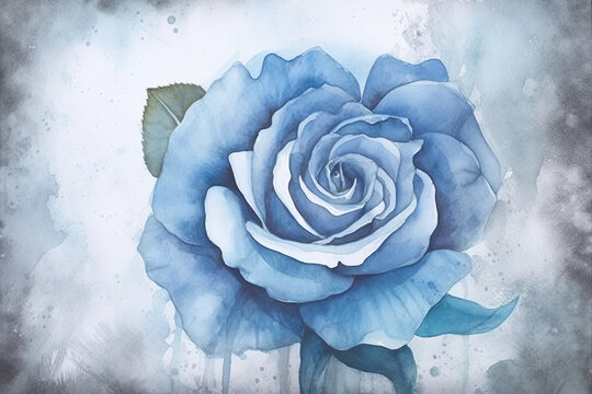 Design a watercolor painting of a blue rose with a textured background, using a technique that creates a subtle, grainy effect that gives the painting a sense of depth and dimension